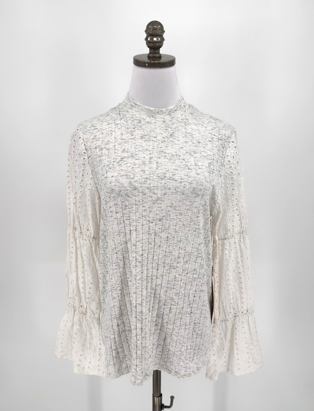 Sunday in Brooklyn Gray Ribbed Eyelet Flared Bell Sleeve Mock Neck Blouse NEW
